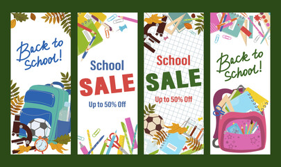 Fototapeta premium Set of four vertical flat vector banners with school sale and greeting typography text, decorated with backpacks, stationery, microscopes, football, and autumn leaves on green backdrop. Vector illustr