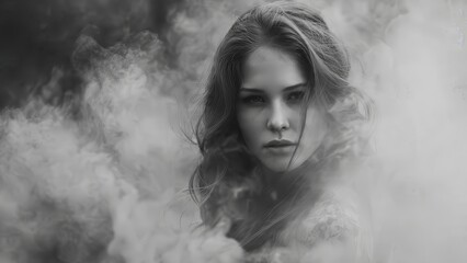 Obraz premium Dramatic black and white portrait of woman in thick smoke
