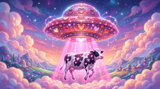 Cow being levitated by heart decorated ufo saucer beam over pastel cloudscape with village hills at sunset, whimsical dreamy fantasy scene blending surreal charm and colorful glow