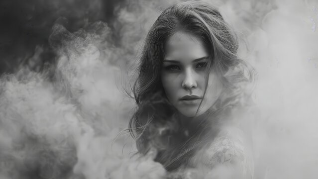 Dramatic black and white portrait of woman in thick smoke