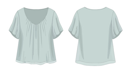 Naklejka premium Women's Light Mint Green Short Sleeve Puff Blouse with Pleated Neckline Front and Back Views Fashion Illustration