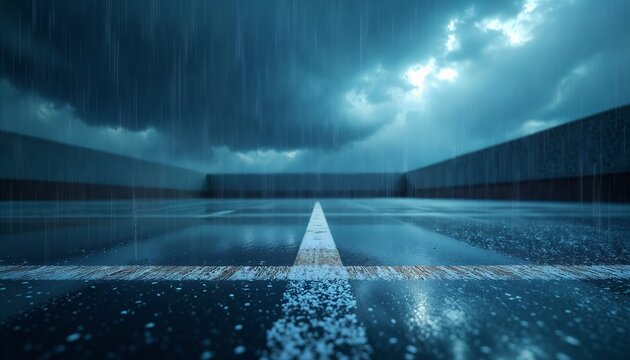 Empty parking lot under heavy rain and dark storm clouds. Wet asphalt surface with white line markings reflecting dramatic blue sky. Gloomy weather atmosphere and urban landscape scene.