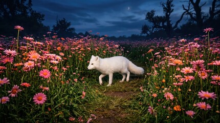 Obraz premium White fox walking through dense field of pink wildflowers at dusk near forest edge under moonlit sky, solitary wildlife scene conveying calm evening mood and natural habitat detail