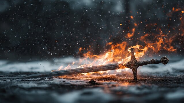 Flaming medieval sword lying on snowy ground at night under falling snow in a fantasy setting.