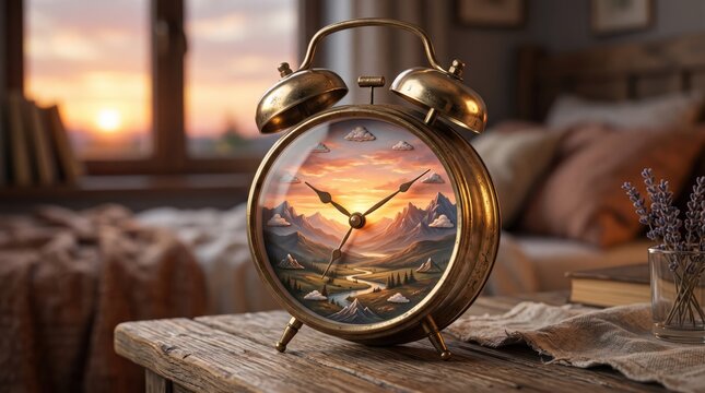 Vintage brass alarm clock on wooden table displaying painted mountain landscape inside clock face with soft bedroom sunrise in background suggesting early morning calm
