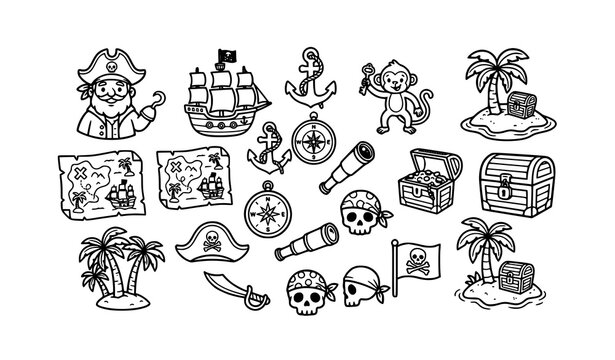 Pirate Adventure Line Art Collection with Treasure Island Ship and Cartoon Pirate Characters