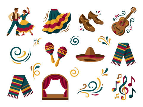 Mexican Cultural Icons Vector Set Featuring Folk Dancers, Sombrero, Guitar, and Traditional Accessories
