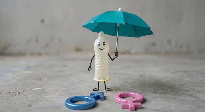 A smiling condom cartoon character holds a teal umbrella above blue male and pink female gender symbols on a textured grey concrete surface.