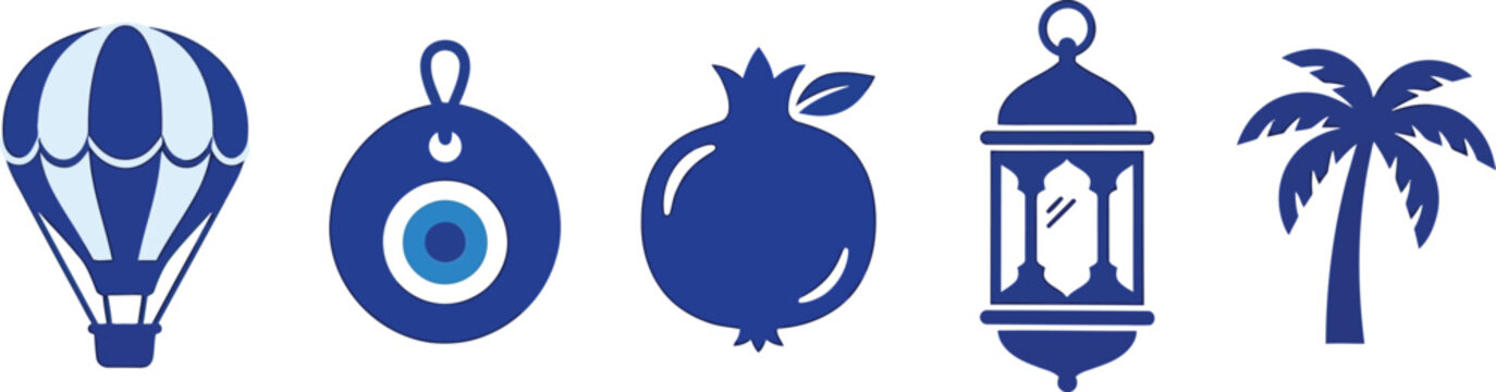 Collection of blue turkish evil eye nazar symbols traditional lantern balloon and flower vector flat icons