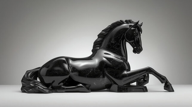 A sleek, polished black marble sculpture of a horse is depicted in a reclining pose, showcasing fine white veining against a neutral studio background.