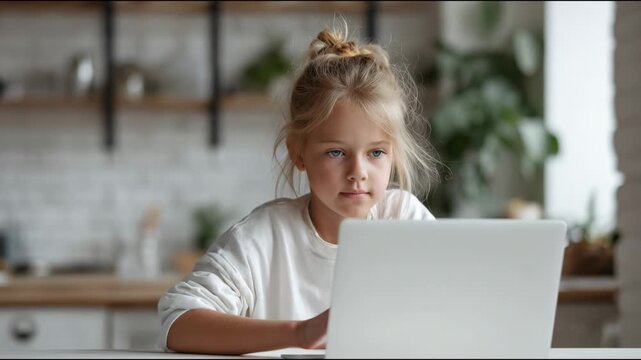 Young cute girl enjoying using a laptop for online education, communication, and fun at home