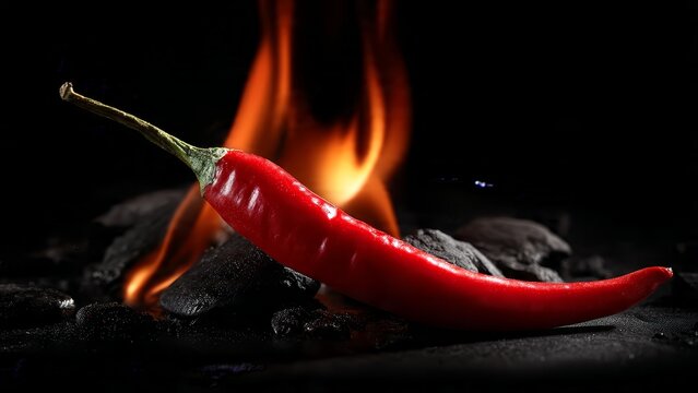 Red Hot Chili Pepper on Burning Charcoal with Flames Background