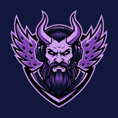 Fototapeta premium Purple Viking warrior mascot logo with gaming headphones.