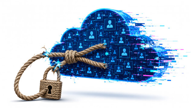 Blue digital cloud icon filled with user data being pulled and broken by a rope with padlock, creating a creative visual concept of fragile cloud security and data vulnerability.