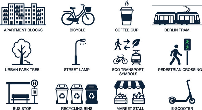 Set of black linear vector icons showcasing berlin city lifestyle transport architecture and famous local landmarks
