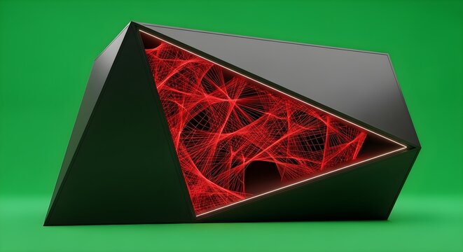 Abstract dark geometric object with a glowing red intricate web-like structure inside on a green background.