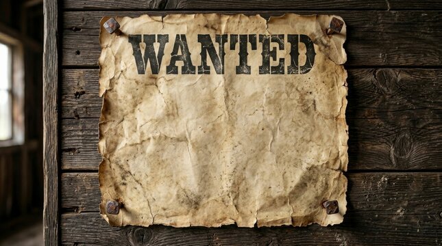 Vintage Blank Wanted Poster Template Nailed onto a Weathered Rustic Wooden Barn Wall for Wild West Concept Presentations