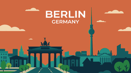 Obraz premium Beautiful sunset scenery of berlin skyline silhouette with famous architecture and orange sky vector flat illustration