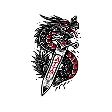 Tattoo Logo A tattoo parlor logo with a dragon and dagger traditional ink style black and red isolated on white background