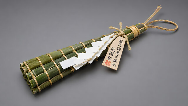 Traditional Gion Matsuri chimaki sacred protection amulet made of tied green bamboo grass leaves with white shide paper and a wooden tag on a gray background.