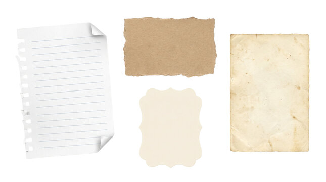 Collection of various paper textures and scraps on transparent background