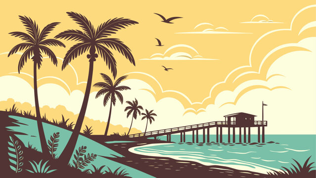 Vibrant tropical beach scene with pier and palm trees