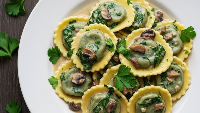 Fresh spinach and mushroom ravioli with creamy sauce.