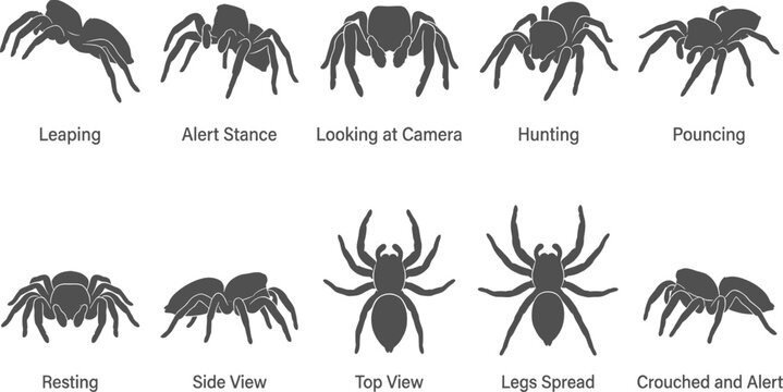 Jumping spider silhouettes with text labels defining leaping alert and hunting poses in structured chart
