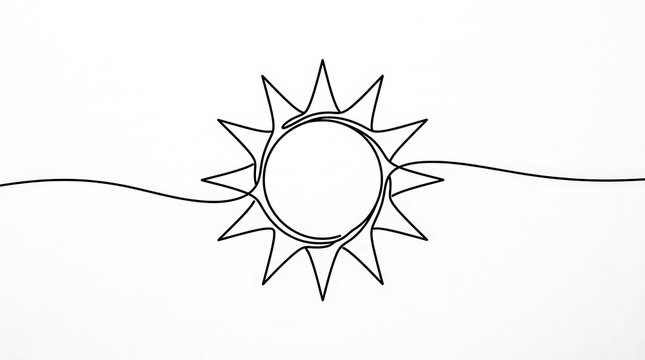 Simple hand drawn continuous line art sketch of a sun icon on a plain white background with minimalist continuous illustration