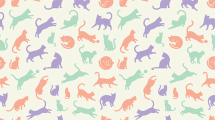 Obraz premium Seamless pattern featuring cute pastel colorful cat silhouettes walking and playing endless vector background illustration design