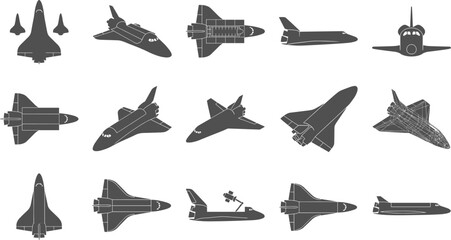 Obraz premium Collection of fifteen space shuttle and spacecraft silhouettes on transparent background