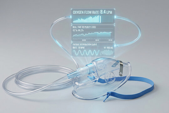 Medical oxygen therapy mask device projecting a holographic real time fraction of inspired oxygen fio2 tracking dashboard