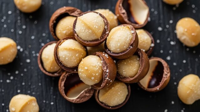 Roasted macadamia nuts with sea salt on dark.