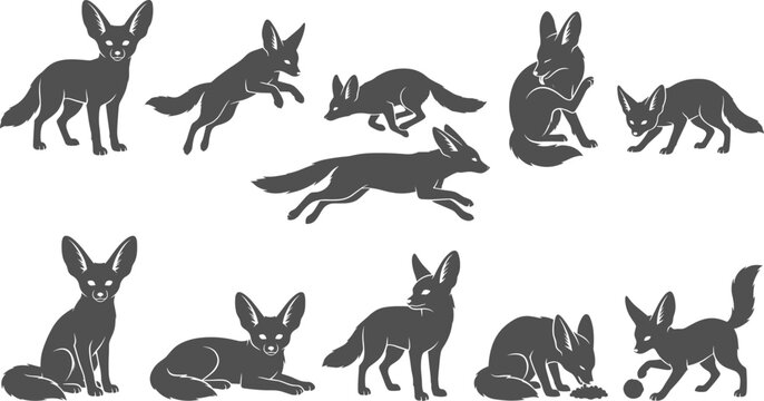Fennec fox vector silhouettes in various active poses isolated on a transparent background