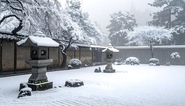 Snowfall covering a traditional Japanese zen garden creating a minimal calm peaceful meditative winter landscape photograph generative AI