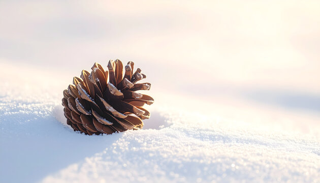 Pinecone resting on white snow beneath winter sunlight creating a minimal calm peaceful meditative zen quiet cozy macro photograph generative AI
