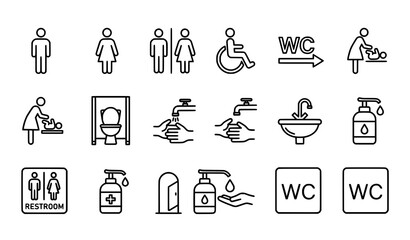 Fototapeta premium Toilet and restroom line icon set with WC male female accessibility and hygiene symbols