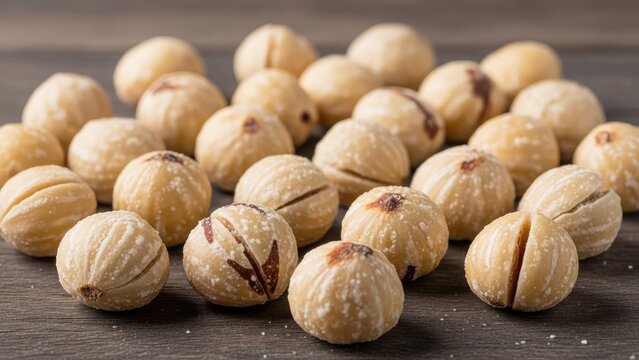 Close-up of peeled tiger nuts on dark wooden surface.