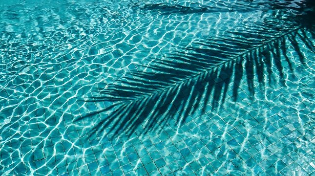 Tropical palm leaf shadow on rippling clear blue ocean water with tropical sunlight vacation swimming turquoise reflection