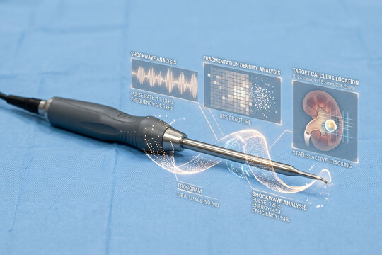Ultrasonic intracorporeal lithotripsy probe handpiece projecting holographic pulse repetition frequency and stone fragmentation grids