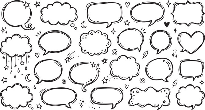 Hand drawn speech bubbles, comic chat icons, dialogue clouds, empty text boxes, black and white vector illustrations