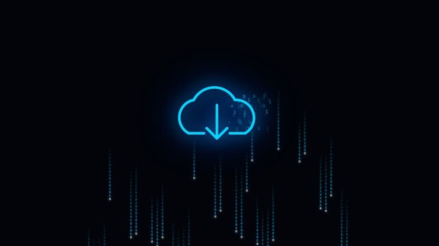 Cloud icon with glowing blue download arrow and falling data streams on dark digital background