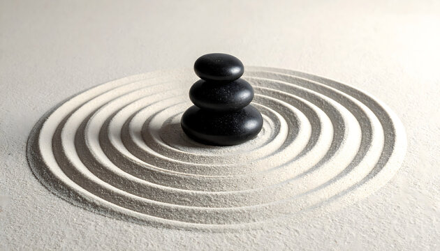 Sand garden with circular patterns surrounding three black stones creating a minimal calm peaceful meditative zen landscape photograph generative AI