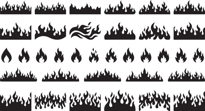 Black flame icons, fire symbols, burning elements, 40 silhouette graphics