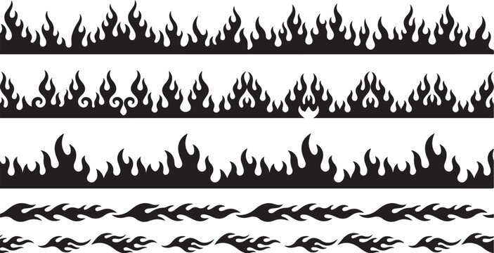 Black flame borders, fire frame designs, burning edge patterns, vector graphics