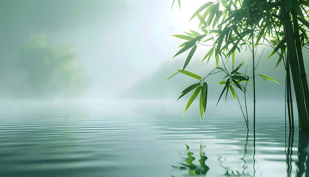 Bamboo stalk rising through light mist beside still water during early dawn creating a minimal calm peaceful meditative zen photograph generative AI
