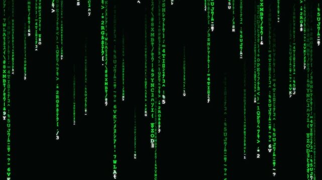 Digital rain green characters falling on black screen representing abstract binary code and technology concept
