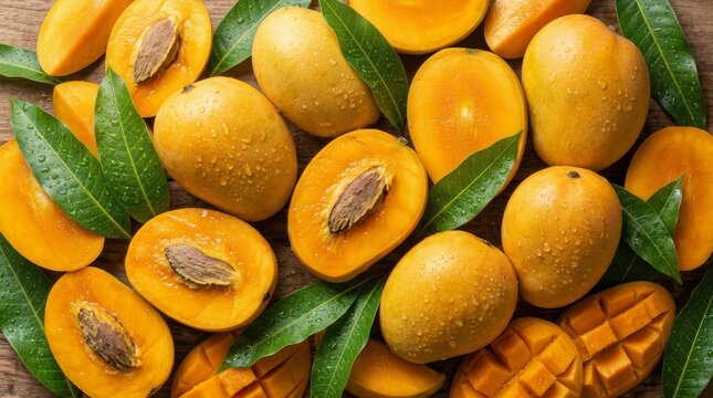 Fresh ripe apricot fruit background with halved and whole apricots and green leaves for summer food wallpaper