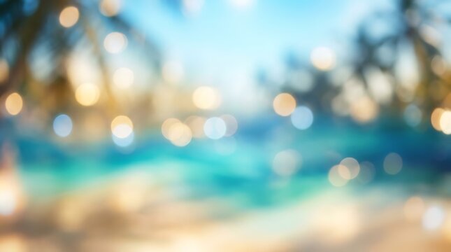 Abstract tropical beach scene with soft bokeh light effects and palm tree silhouette abstract tropical vacation sunlight