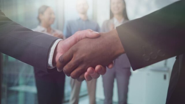 Close up two multiethnic business men shaking hands in sun in office three diversity coworkers congratulate. Unrecognizable multiracial businessmen handshaking in sunny company colleagues applauding